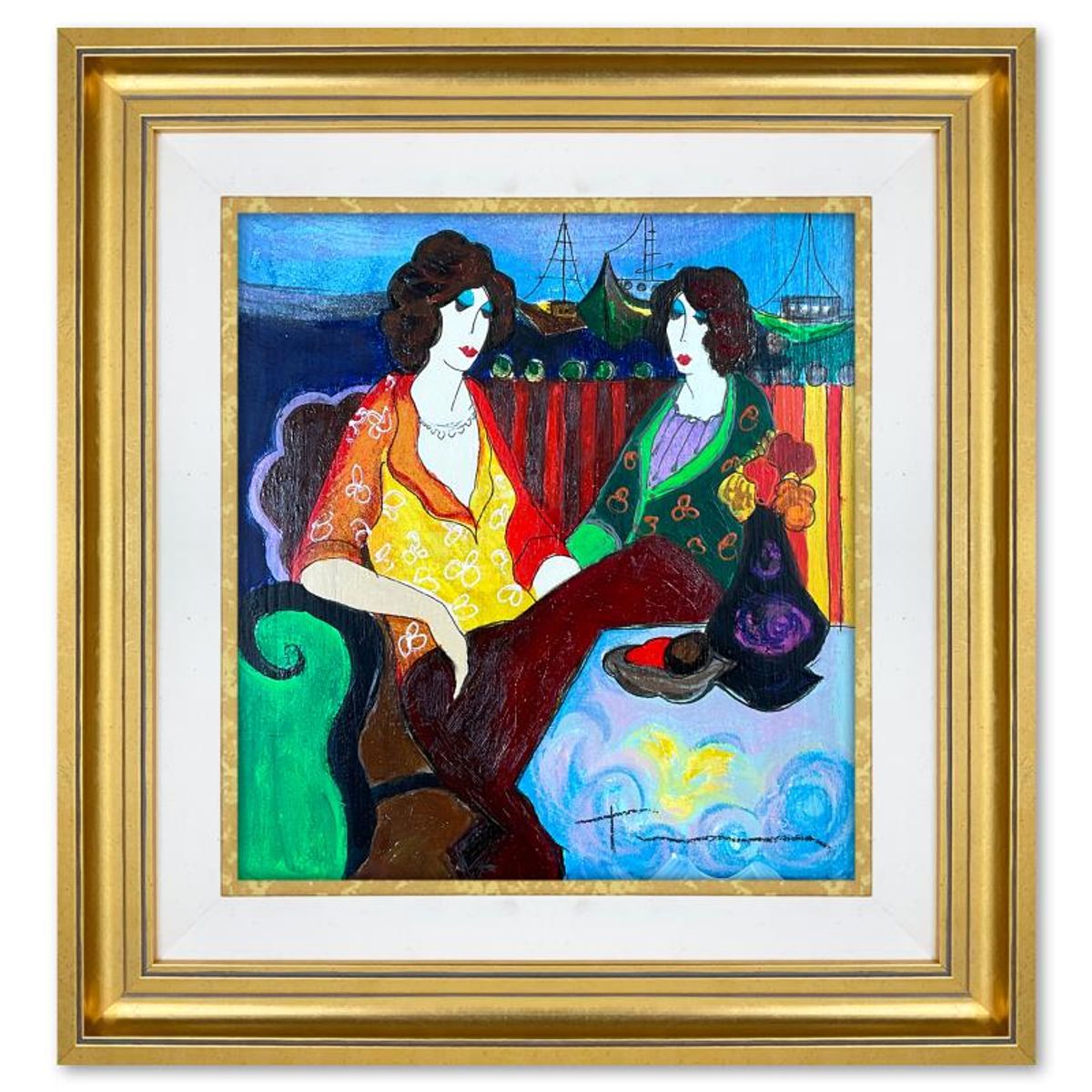 Itzchak Tarkay (1935-2012), "At the Port" Framed One-of-a-Kind Mixed Media Over Paint on Wood, Hand Signed with Letter of Authenticity