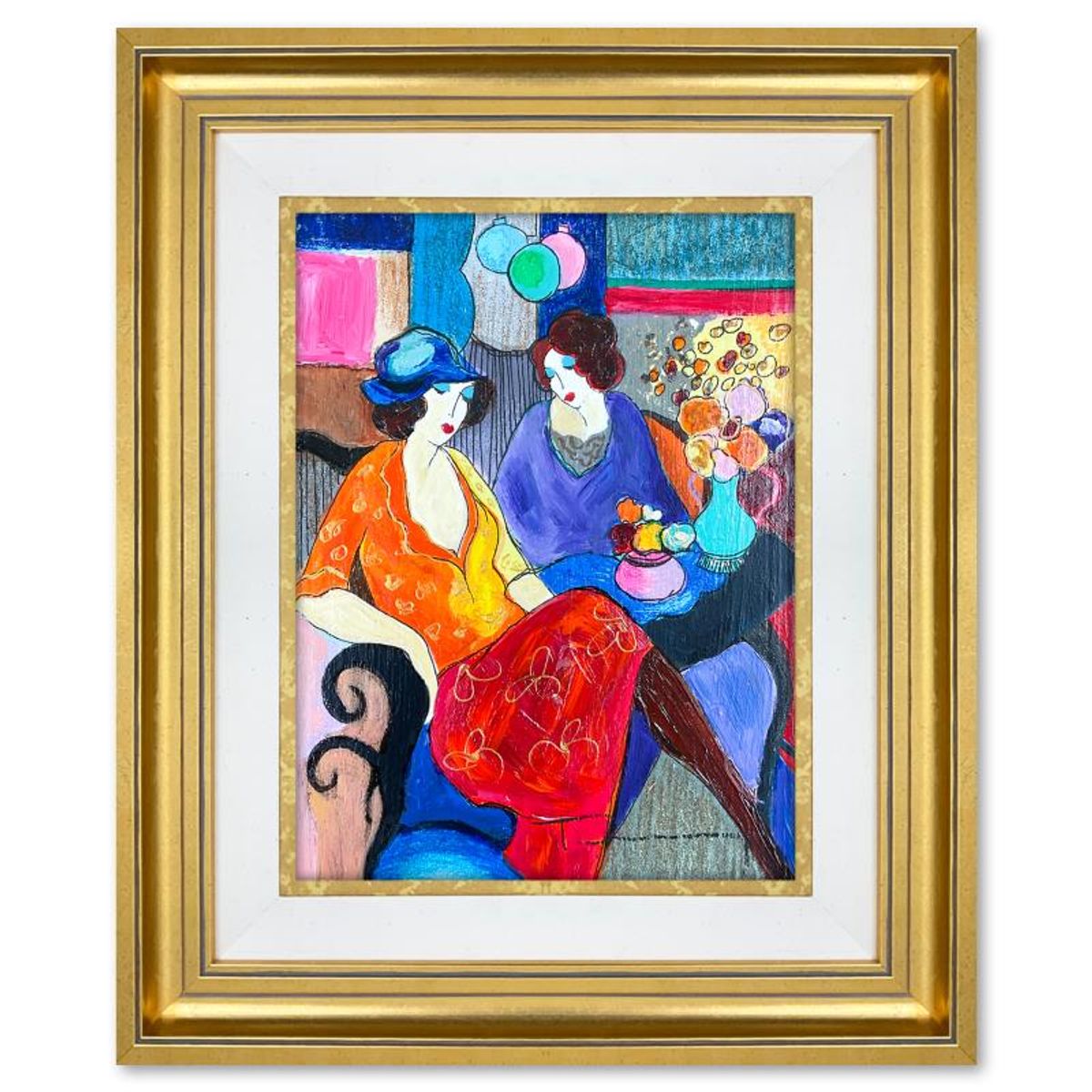 Itzchak Tarkay (1935-2012), "Chit Chat" Framed One-of-a-Kind Mixed Media Over Paint on Wood, Hand Signed with Letter of Authenticity