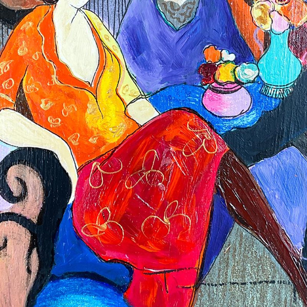 Itzchak Tarkay (1935-2012), "Chit Chat" Framed One-of-a-Kind Mixed Media Over Paint on Wood, Hand Signed with Letter of Authenticity