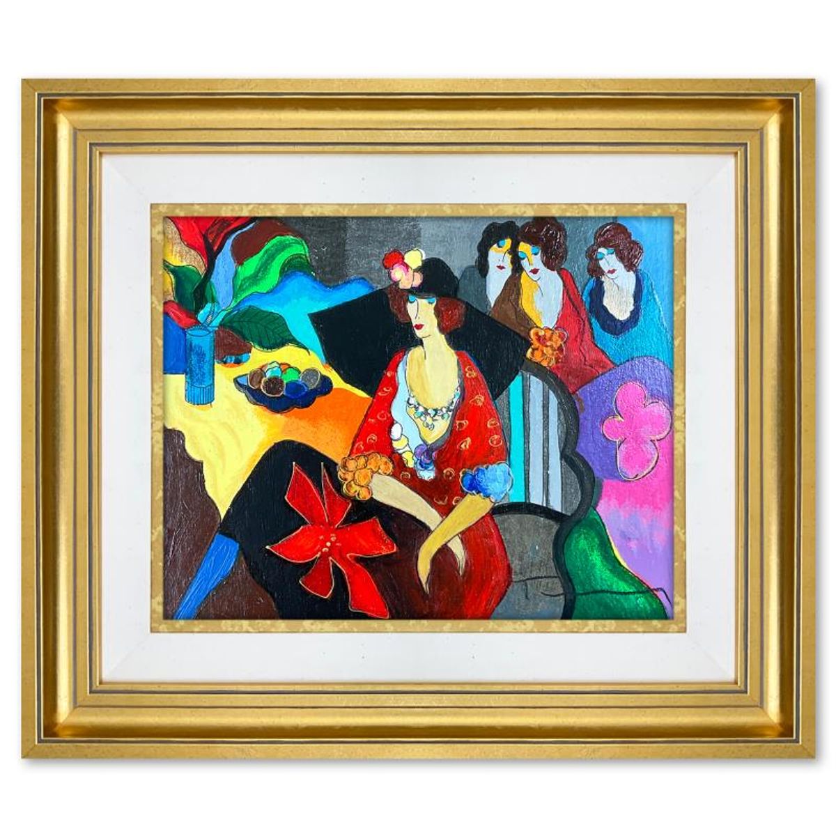 Itzchak Tarkay (1935-2012), "Gossip" Framed One-of-a-Kind Mixed Media Over Paint on Wood, Hand Signed with Letter of Authenticity