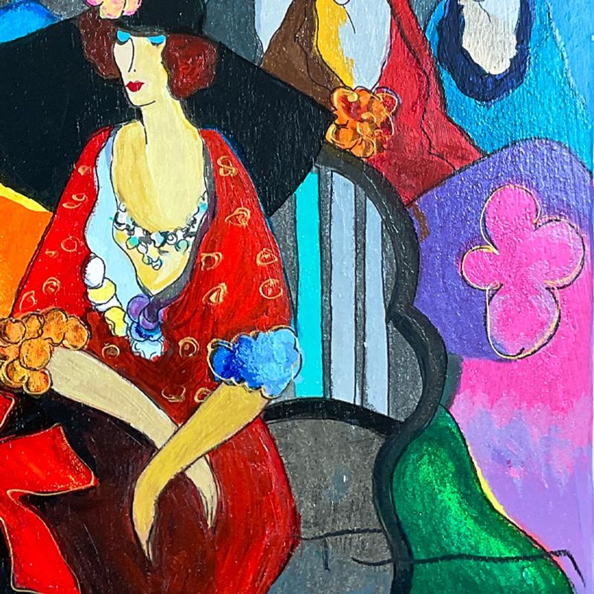 Itzchak Tarkay (1935-2012), "Gossip" Framed One-of-a-Kind Mixed Media Over Paint on Wood, Hand Signed with Letter of Authenticity