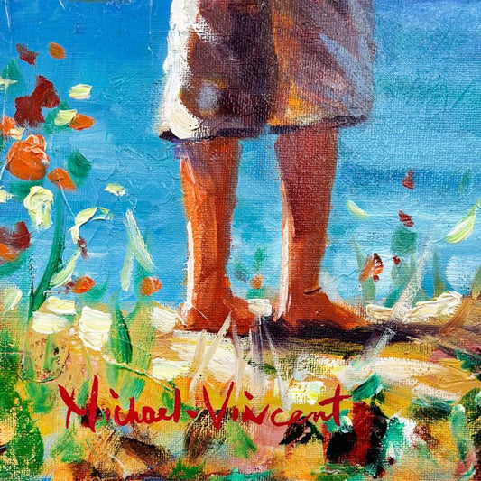 Michael Vincent, "Beach Outing" Original Painting on Canvas, Hand Signed with Letter of Authenticity.
