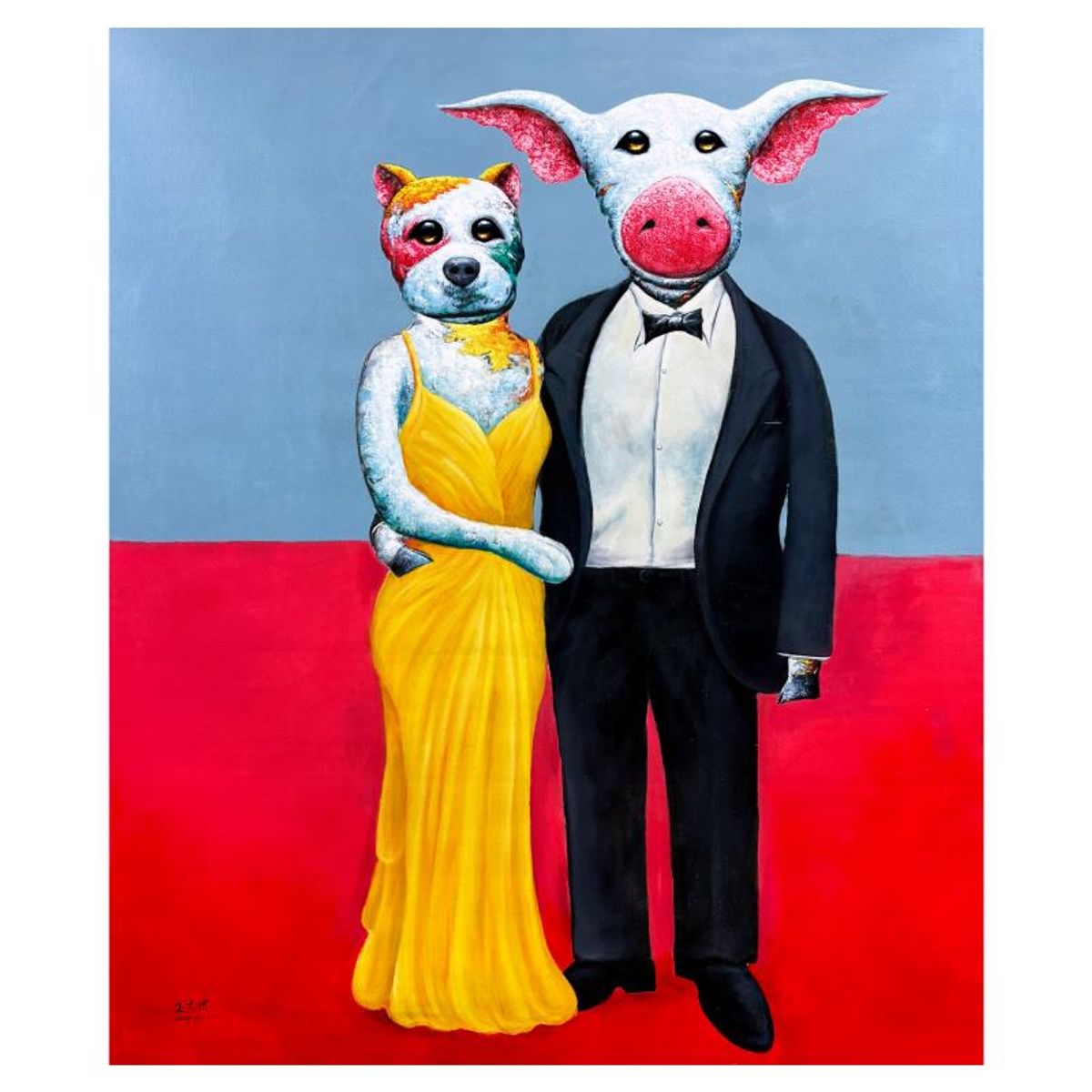 Wang, "Formal at Tire" Original Mixed Media Painting on Canvas, Hand Signed with Letter of Authenticity.