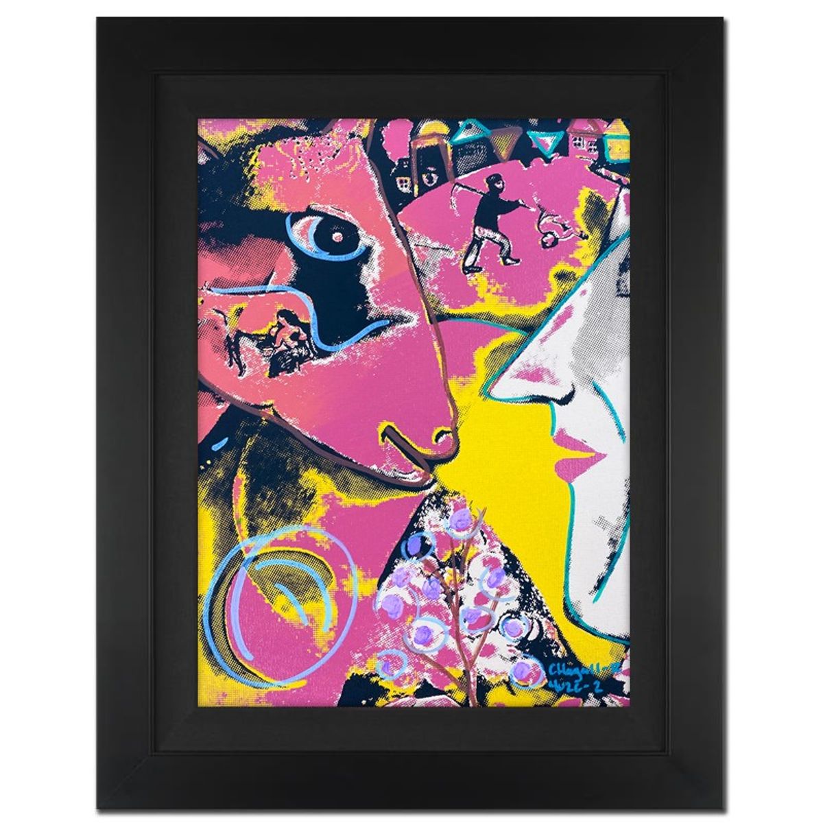 Ringo Daniel Funes, "Chagall and the Village" Framed One-of-a-Kind Mixed Media on Canvas, Hand Signed by the artist and Steve Kaufman (1960-2010) with Letter of Authenticity.