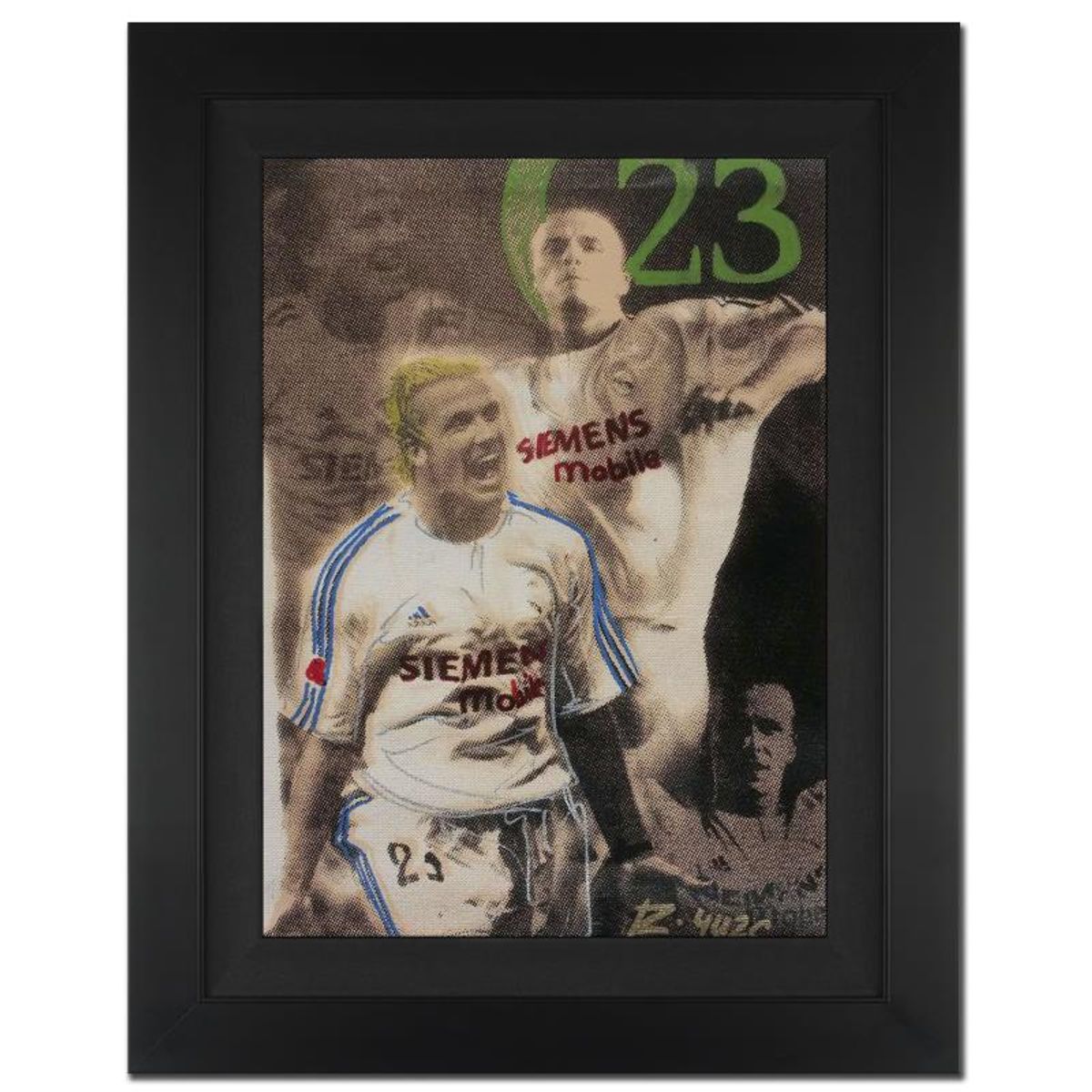 Ringo Daniel Funes, "David Beckham Pop Stamp" Framed One-of-a-Kind Mixed Media Painting on Canvas, Hand Signed with COA