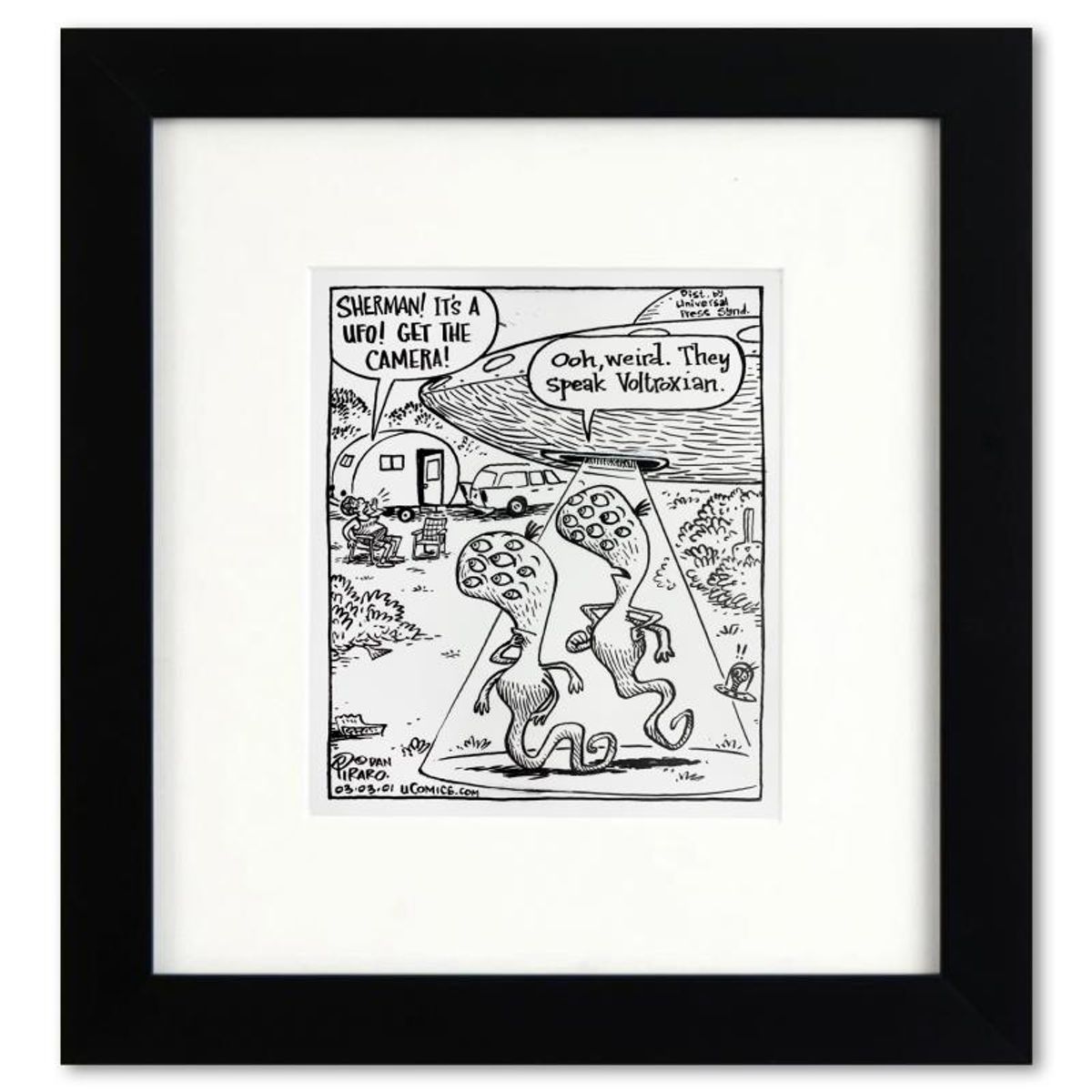 Bizarro, "UFO Language" is a Framed Original Pen & Ink Drawing by Dan Piraro, Hand Signed with Letter of Authenticity.