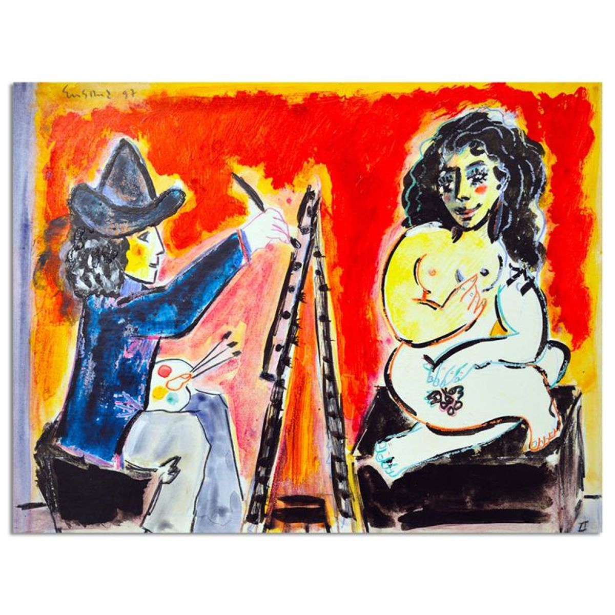 Wayne Ensrud, "Artist And His Model Ii" Mixed Media Original Artwork with COA.