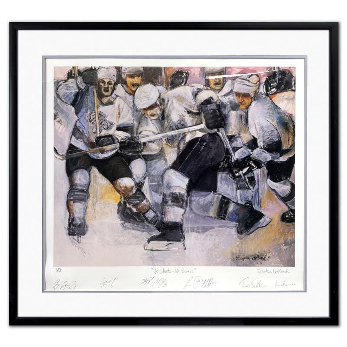 Stephen Holland, "He Shoots-He Scores" Framed Limited Edition Offset Lithograph, Numbered 220/400 and Hand Signed by the Artist and Wayne Gretzky with Certificate of Authenticity.