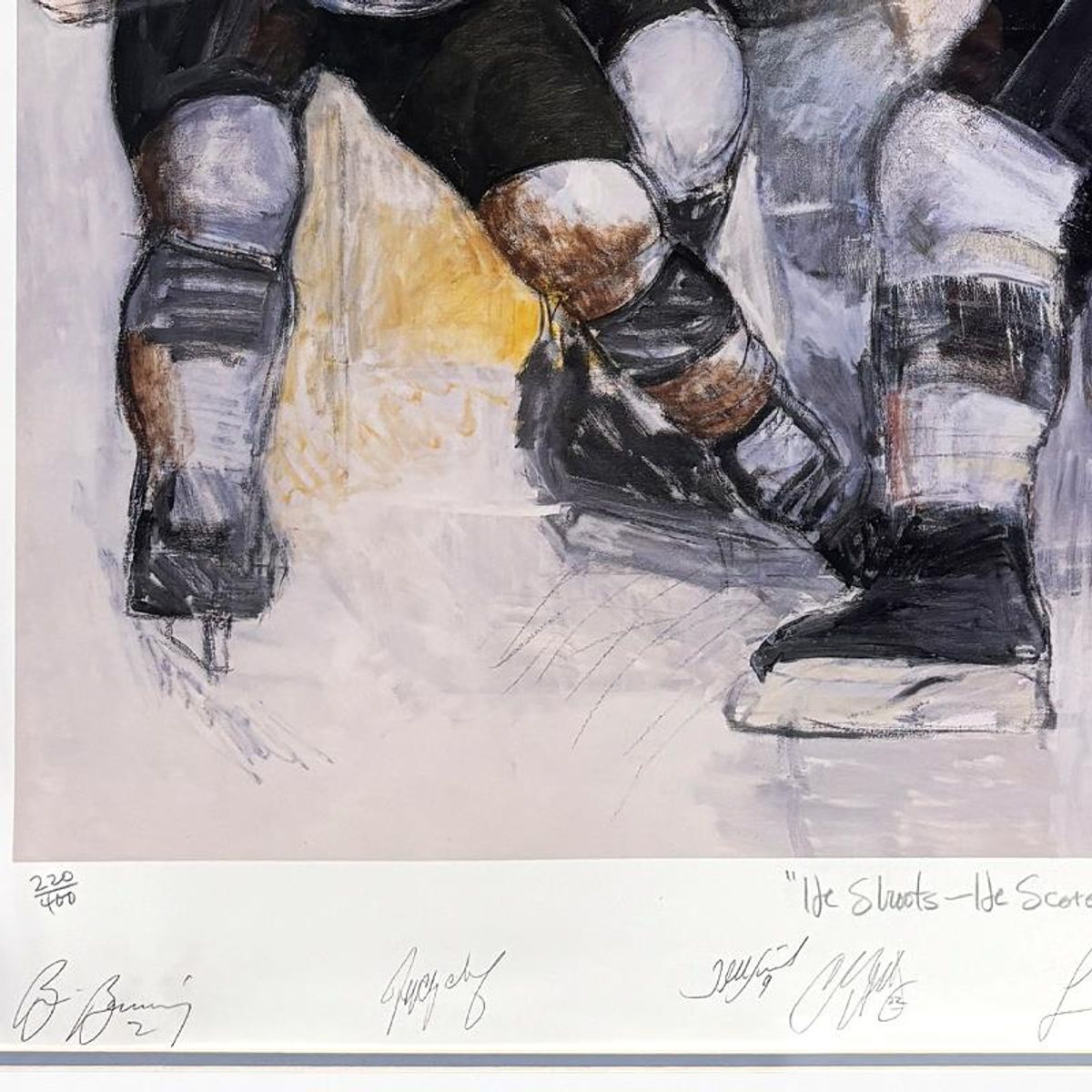 Stephen Holland, "He Shoots-He Scores" Framed Limited Edition Offset Lithograph, Numbered 220/400 and Hand Signed by the Artist and Wayne Gretzky with Certificate of Authenticity.