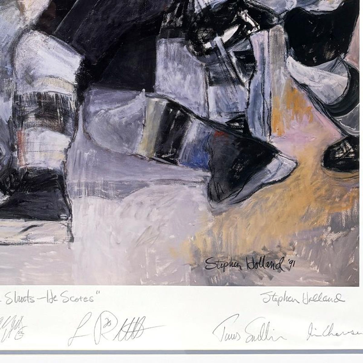 Stephen Holland, "He Shoots-He Scores" Framed Limited Edition Offset Lithograph, Numbered 220/400 and Hand Signed by the Artist and Wayne Gretzky with Certificate of Authenticity.