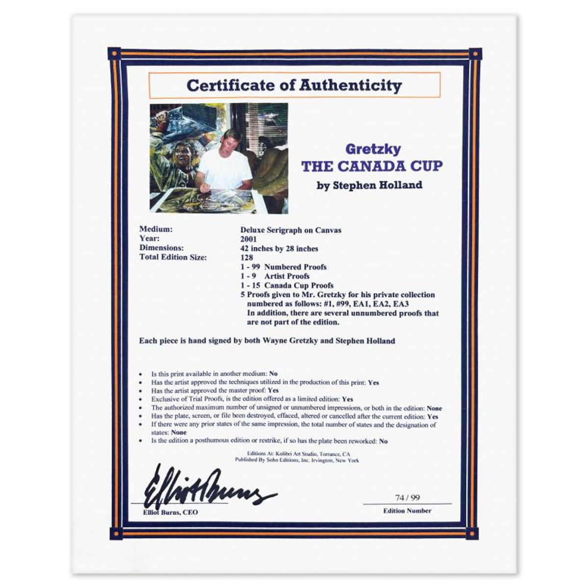 Stephen Holland, "Wayne Gretzky: Canada Cup" Limited Edition Serigraph on Canvas, Numbered 74/99 and Hand Signed by the Artist and Wayne Gretzky with Certificate of Authenticity.