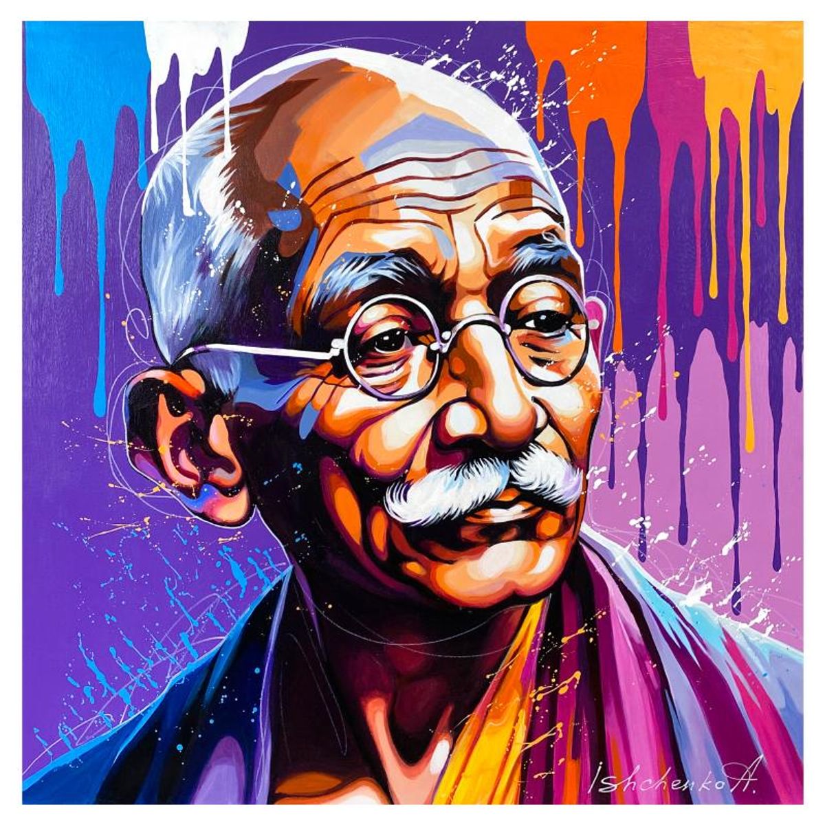 Alexander Ishchenko, "Gandhi" Original Acrylic Painting on Canvas, Hand Signed with Letter Authenticity.