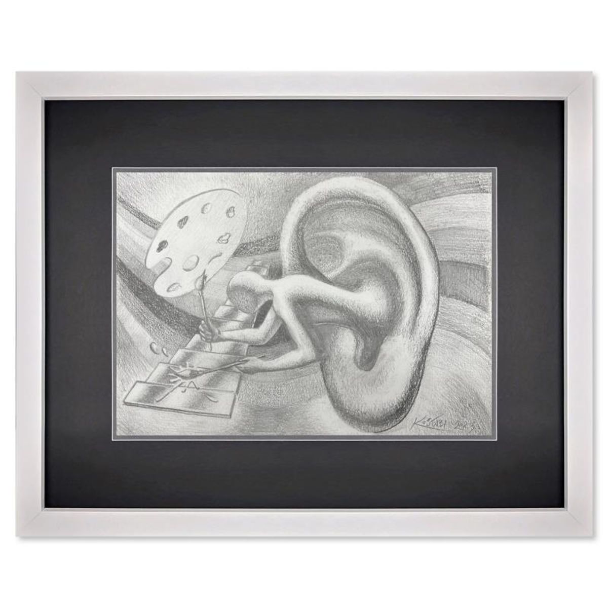 Mark Kostabi, "Audio Visionary" Framed Original Drawing on Paper, Hand Signed with Certificate of Authenticity.