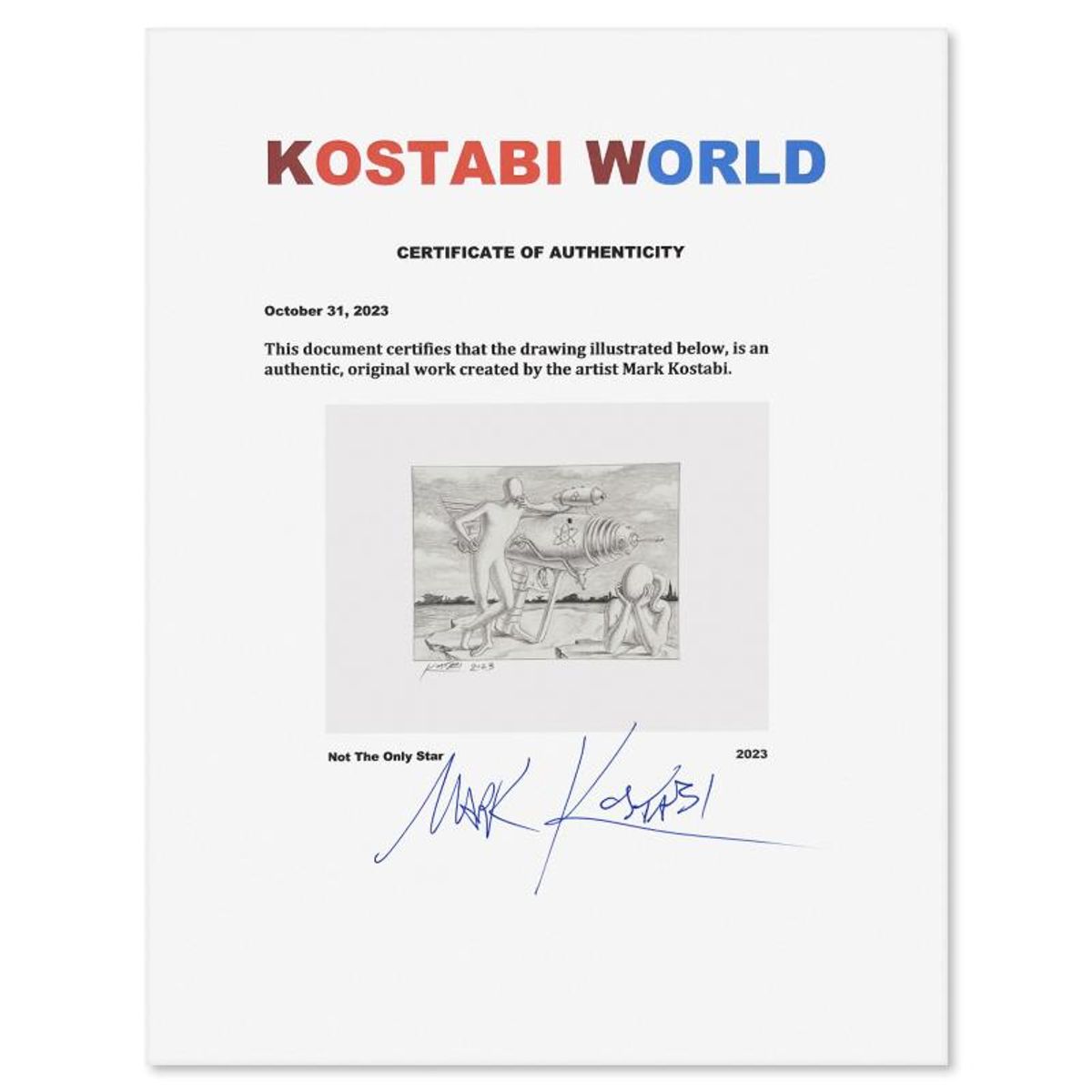 Mark Kostabi, "Not the Only Star" Framed Original Drawing on Paper, Hand Signed with Certificate of Authenticity.