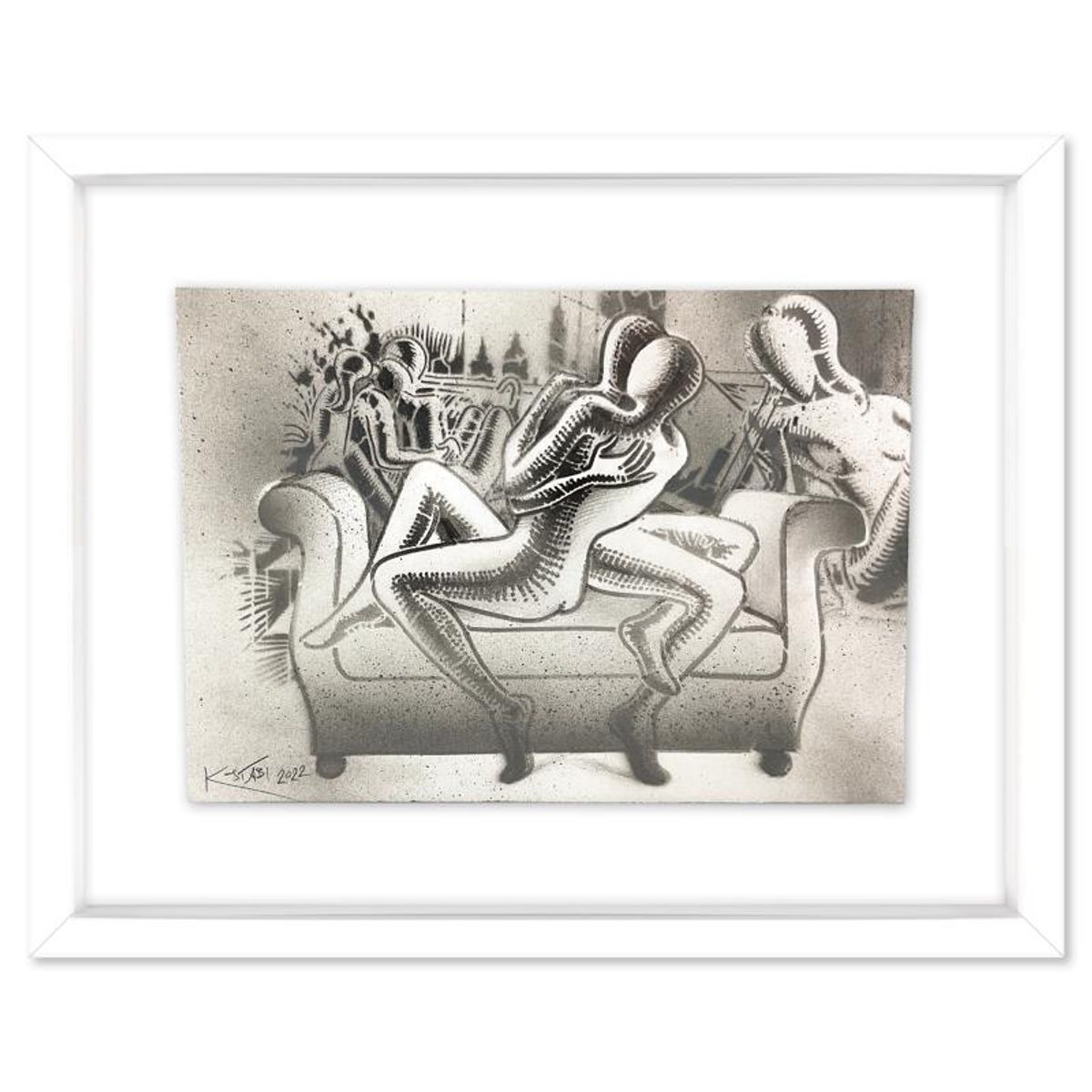 Mark Kostabi, "Morning Reverie" Framed Original Drawing on Paper, Hand Signed with Certificate of Authenticity
