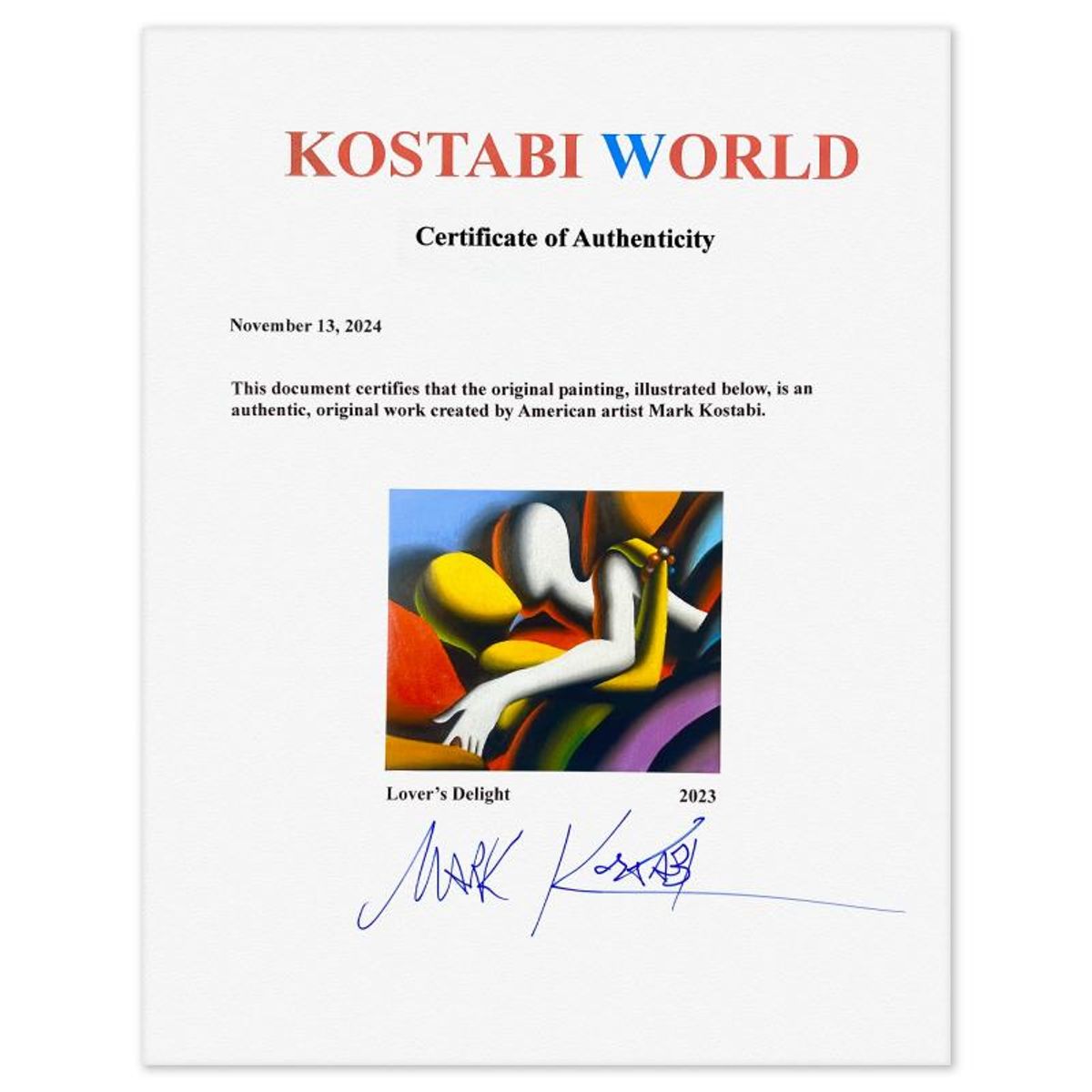 Mark Kostabi, "Lover's Delight" Framed Original Oil Painting on Canvas, Hand Signed with Letter of Authenticity.