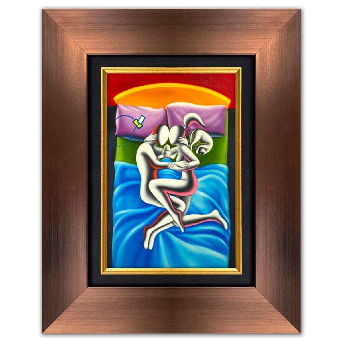 Mark Kostabi, "Domestic Bliss" Framed Original Oil Painting on Canvas, Hand Signed with a Certificate of Authenticity.