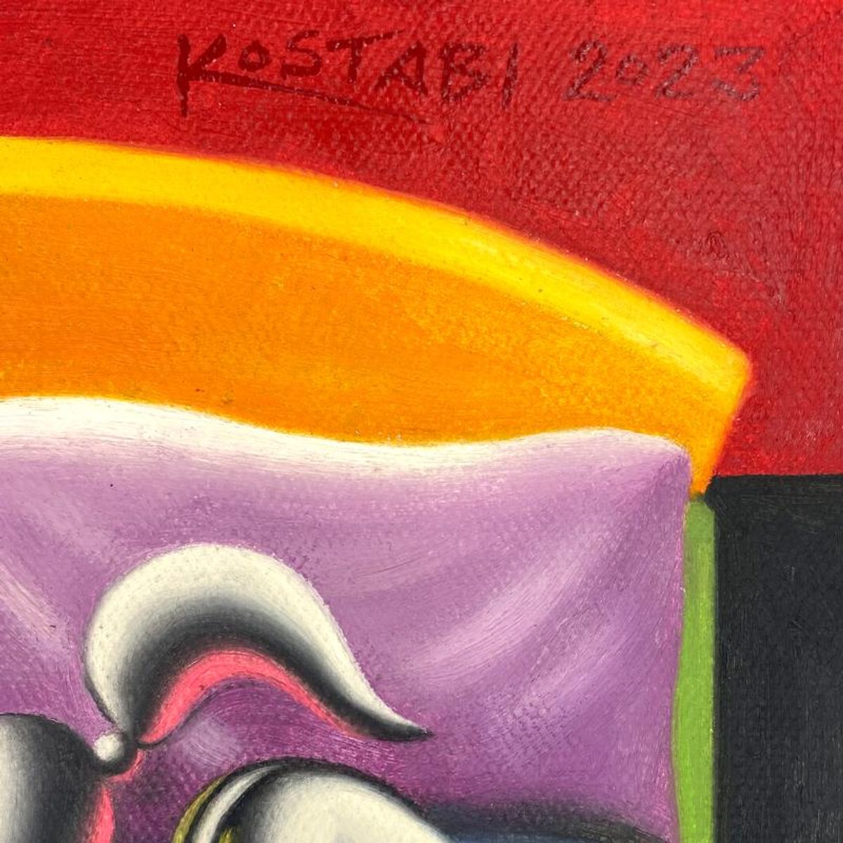 Mark Kostabi, "Domestic Bliss" Framed Original Oil Painting on Canvas, Hand Signed with a Certificate of Authenticity.