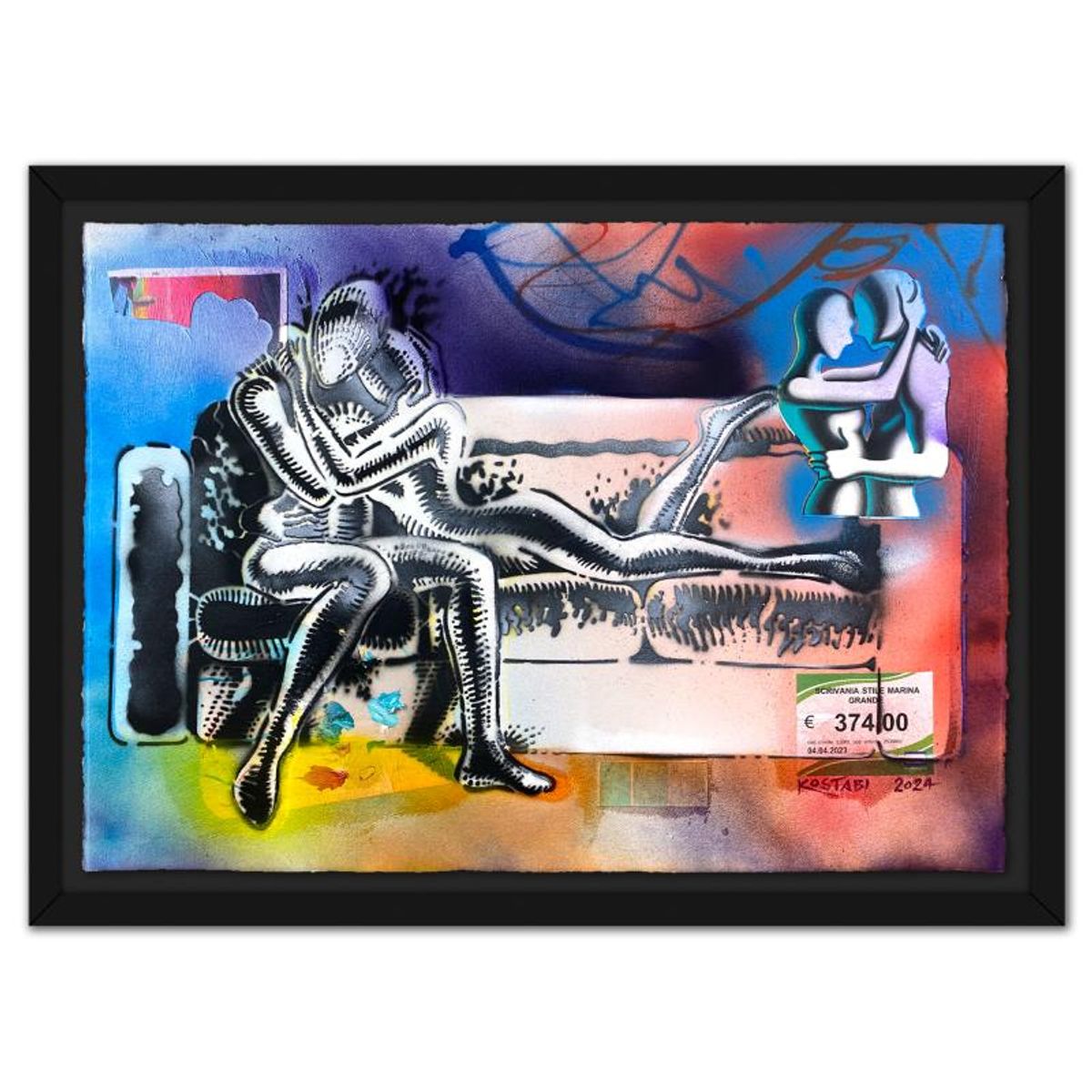 Mark Kostabi, "Echoes of Connection" Framed Original Mixed Media Painting, Hand Signed with Certificate of Authenticity.
