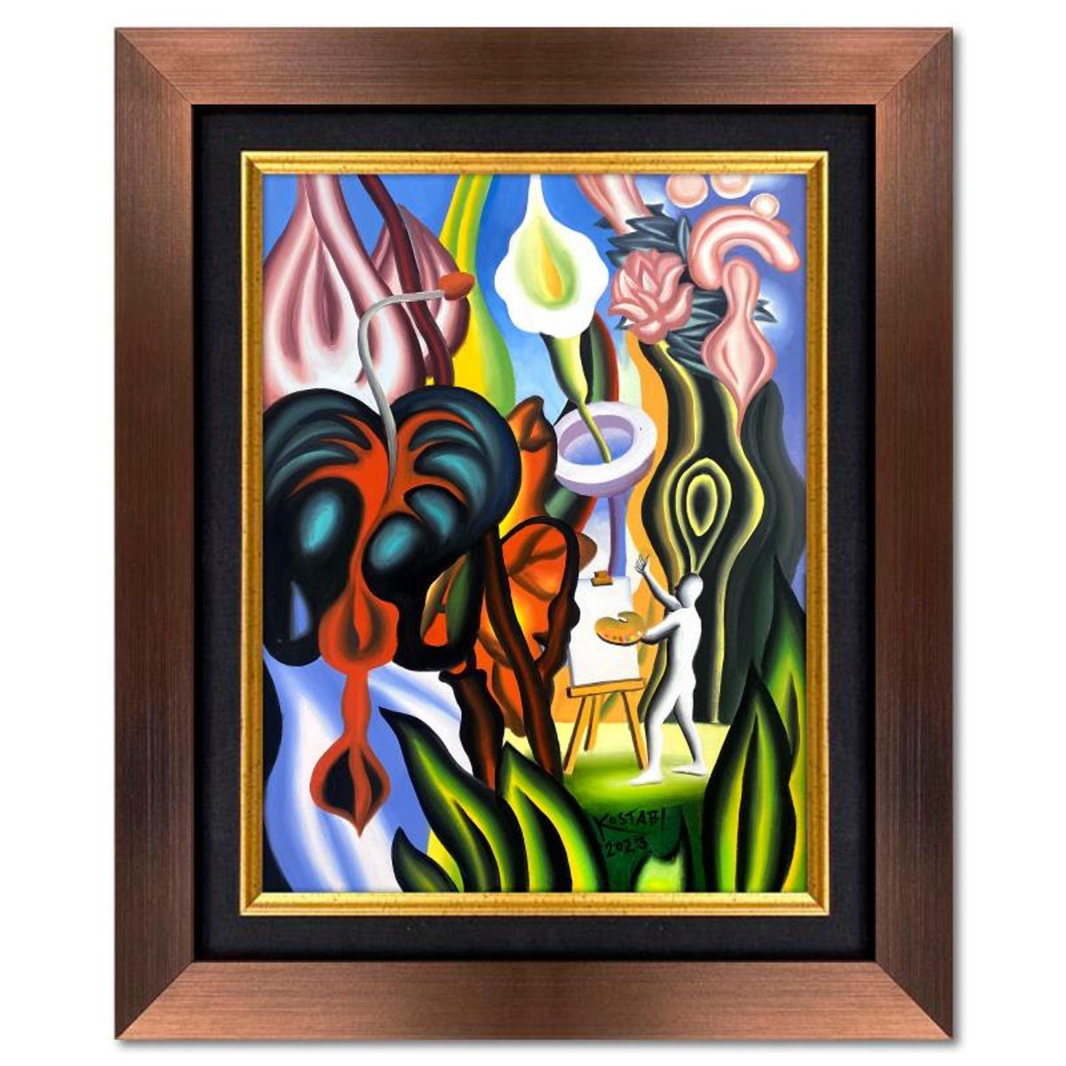 Mark Kostabi, "The Garden of Imagination" Framed Original Oil Painting on Canvas, Hand Signed with COA