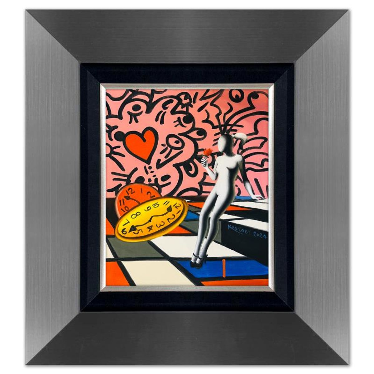 Mark Kostabi, "A Moment's Bloom in the Garden of Time" Framed Original Oil Painting on Canvas, Hand Signed with a Certificate of Authenticity.