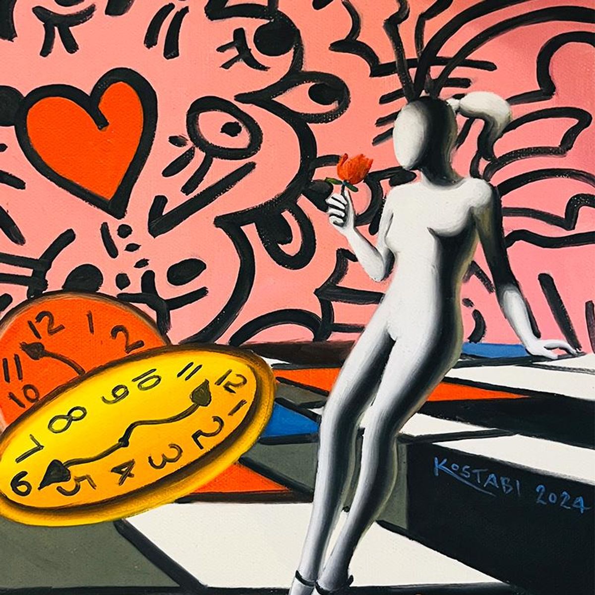 Mark Kostabi, "A Moment's Bloom in the Garden of Time" Framed Original Oil Painting on Canvas, Hand Signed with a Certificate of Authenticity.