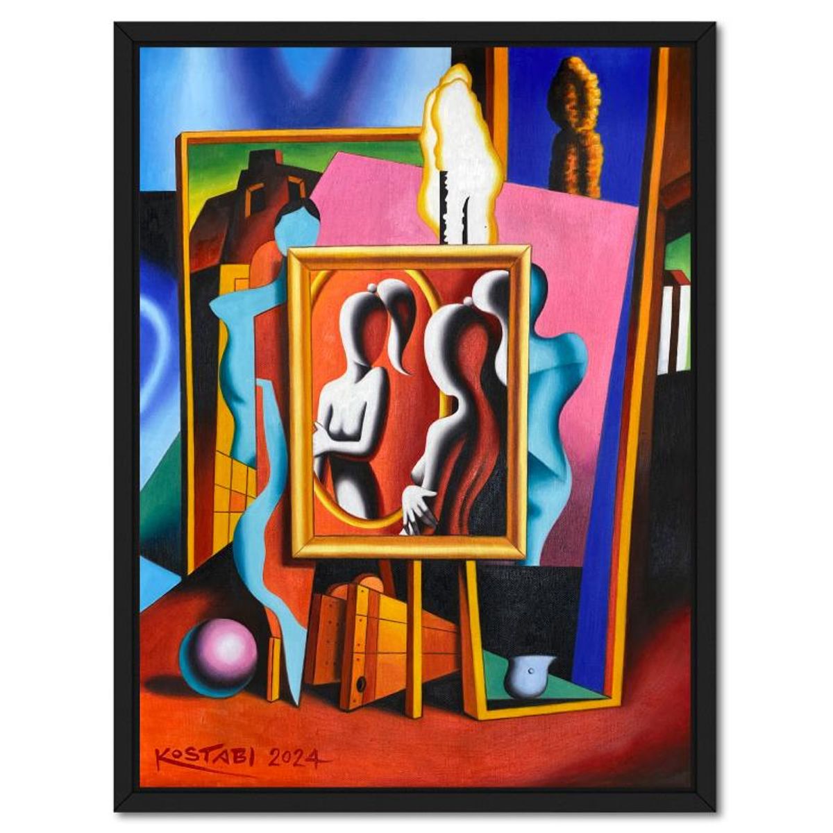 Mark Kostabi, "Accepting Myself" Framed Original Oil Painting on Canvas, Hand Signed with a Certificate of Authenticity.
