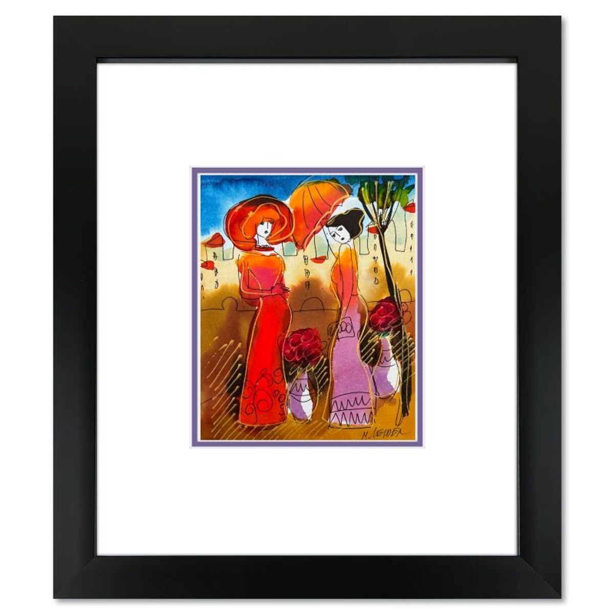 Moshe Leider, Framed Original Mixed Media Watercolor Painting, Hand Signed with Letter of Authenticity.