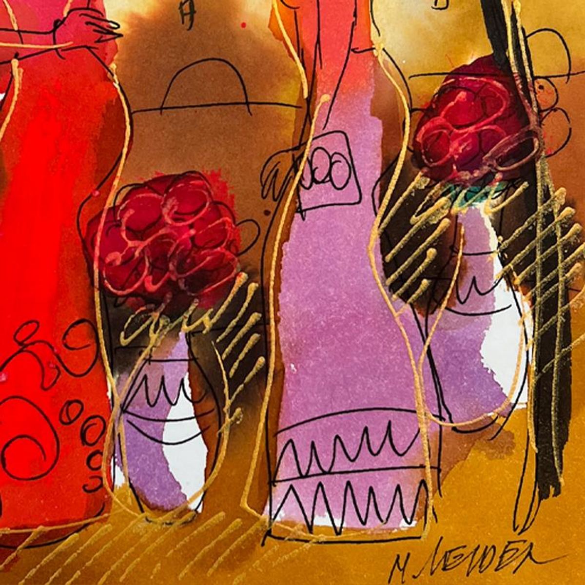 Moshe Leider, Framed Original Mixed Media Watercolor Painting, Hand Signed with Letter of Authenticity.
