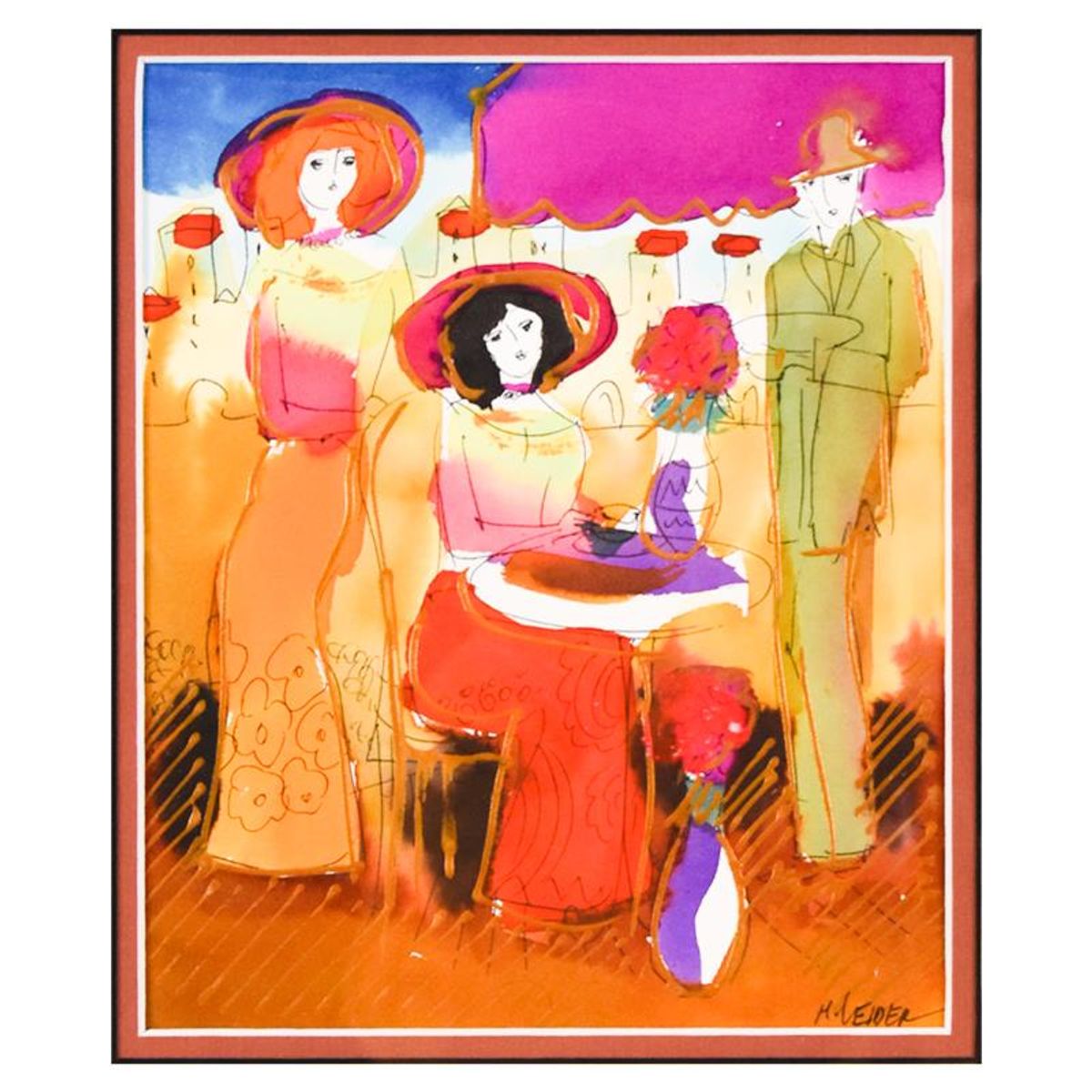Moshe Leider, Framed Original Mixed Media Watercolor Painting, Hand Signed with Letter of Authenticity.
