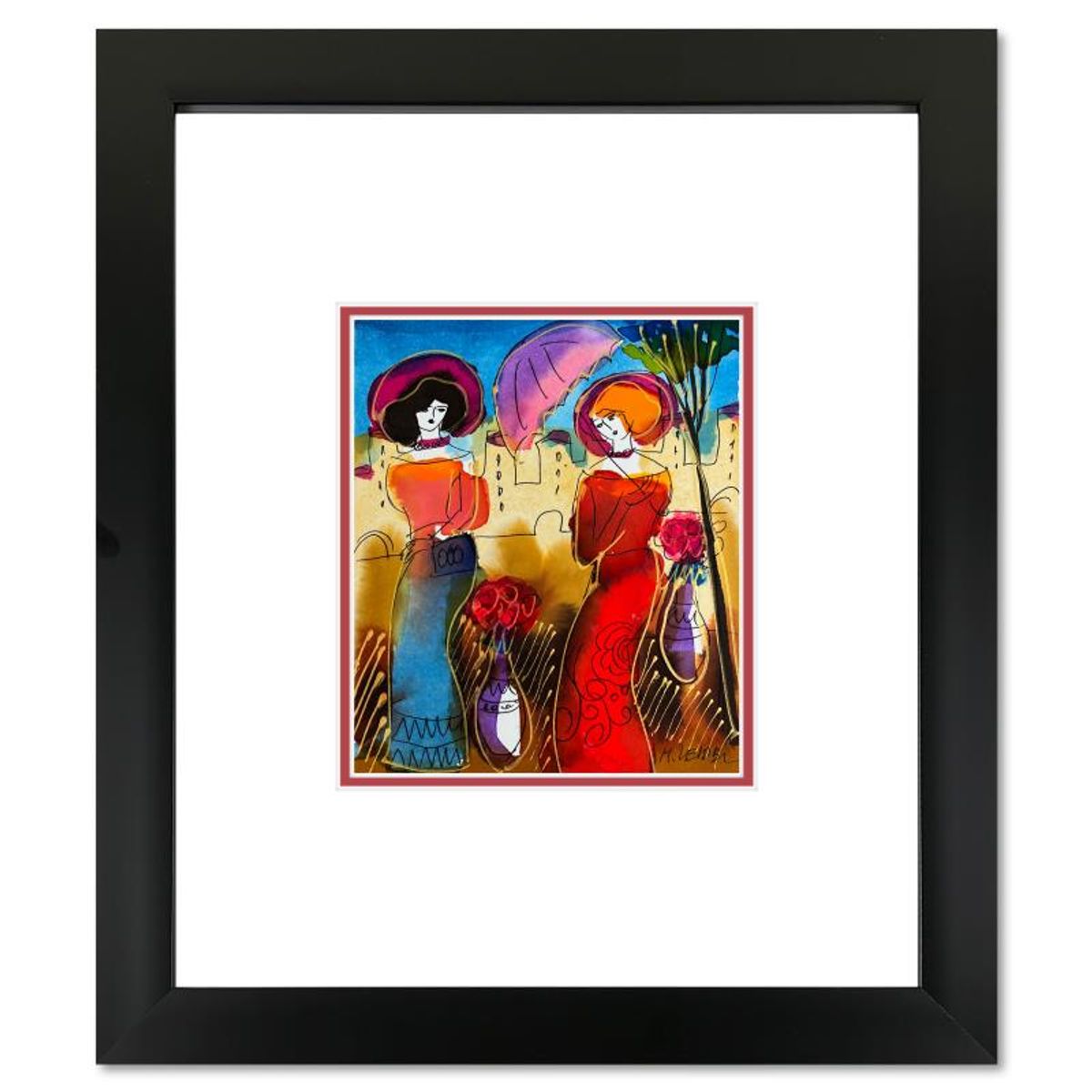 Moshe Leider, Framed Original Mixed Media Watercolor Painting, Hand Signed with Letter of Authenticity.