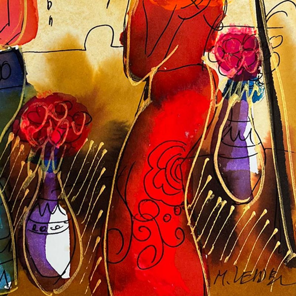 Moshe Leider, Framed Original Mixed Media Watercolor Painting, Hand Signed with Letter of Authenticity.