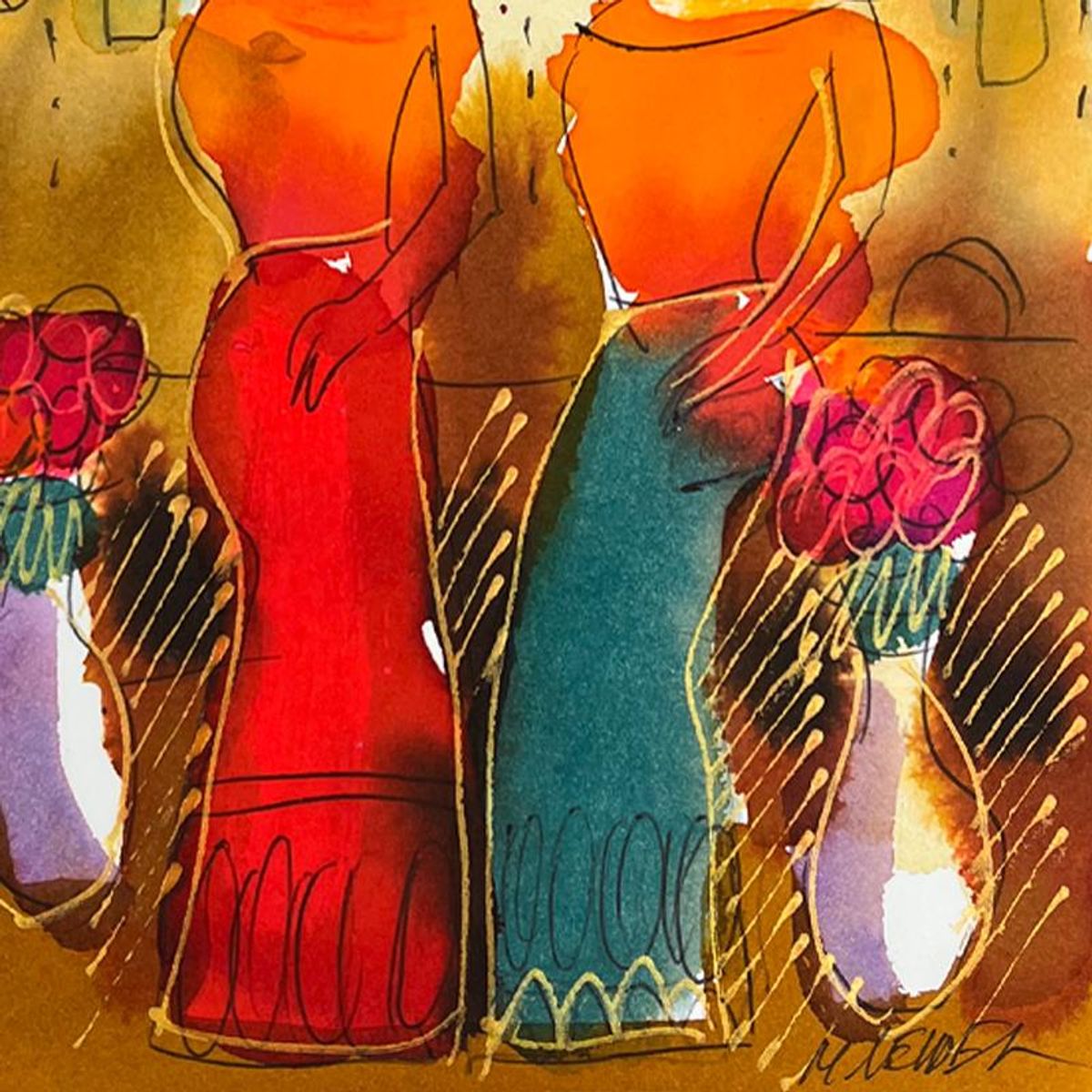 Moshe Leider, Framed Original Mixed Media Watercolor Painting, Hand Signed with Letter of Authenticity.