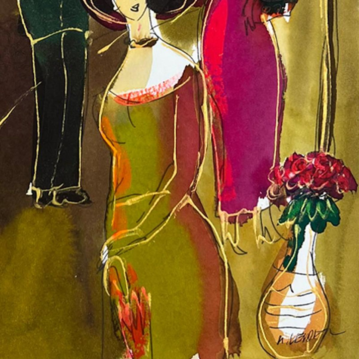 Moshe Leider, Framed Original Mixed Media Watercolor Painting, Hand Signed with Letter of Authenticity.
