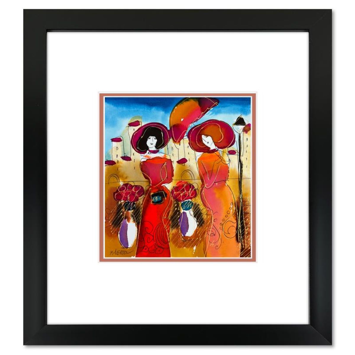 Moshe Leider, Framed Original Mixed Media Watercolor Painting, Hand Signed with Letter of Authenticity.