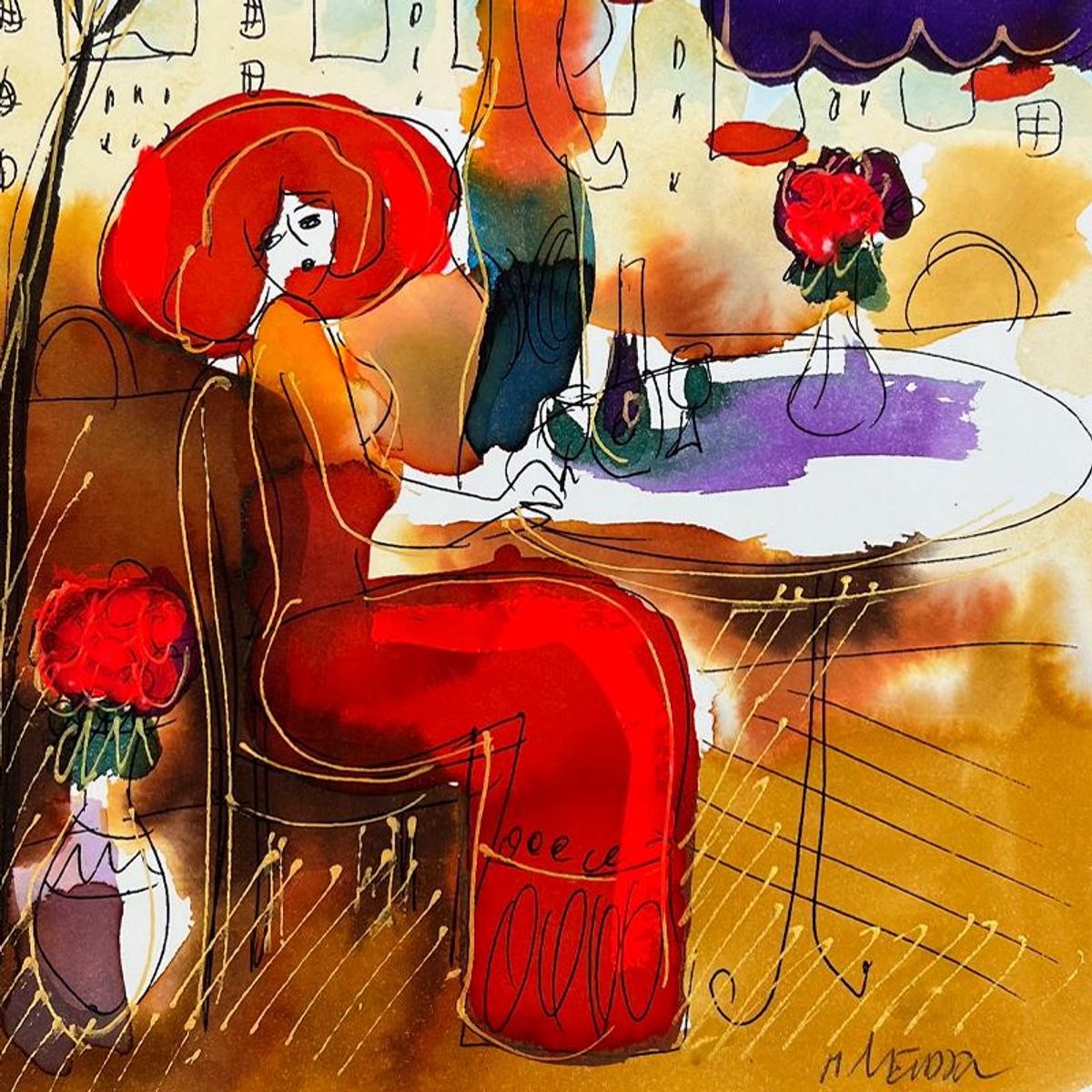 Moshe Leider, Framed Original Mixed Media Watercolor Painting, Hand Signed with Letter of Authenticity.