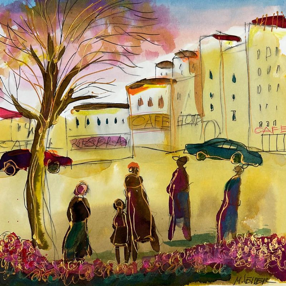 Moshe Leider, Framed Original Mixed Media Watercolor Painting, Hand Signed with Letter of Authenticity.