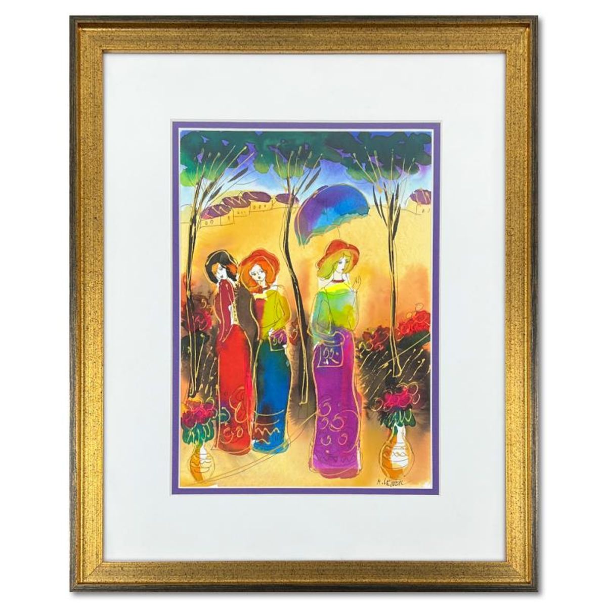 Moshe Leider, Framed Original Mixed Media Watercolor Painting, Hand Signed with Letter of Authenticity.