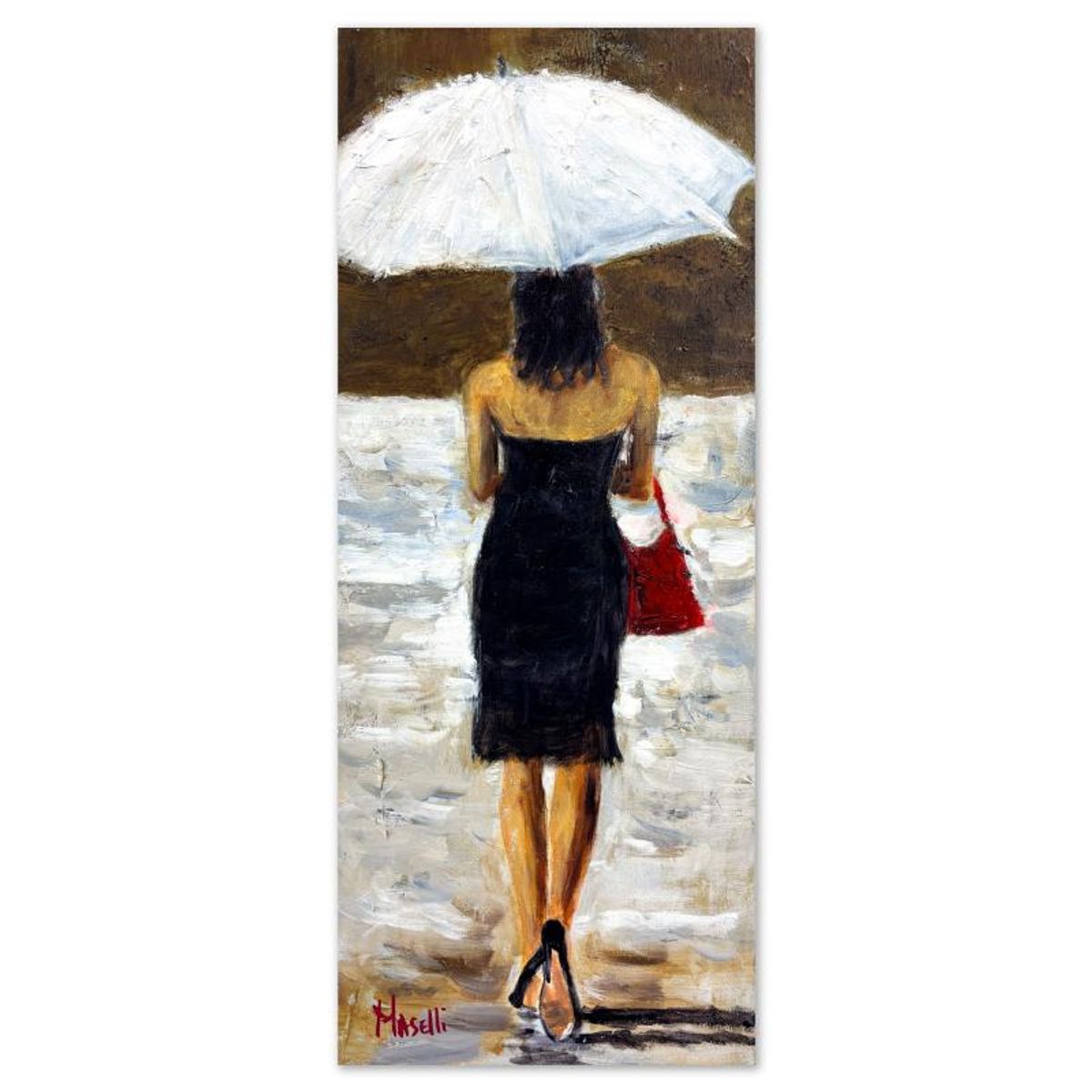 Michael Maselli, "Red Purse Tonight" Original Painting on Canvas, Hand Signed with Letter of Authenticity.