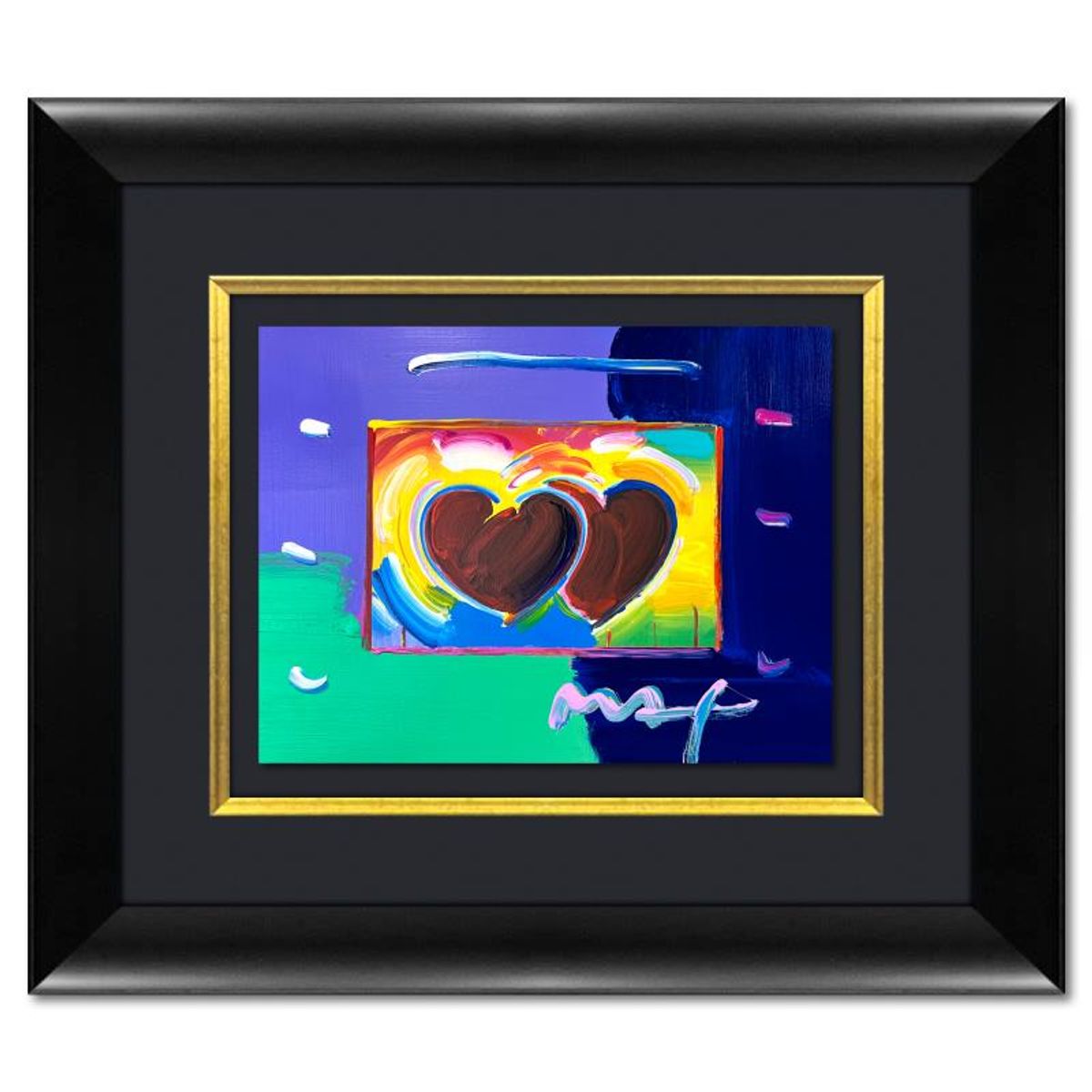 Peter Max, "2 Hearts" Framed One-of-a-Kind Acrylic Mixed Media, Hand Signed with Registration Number Certifying Authenticity