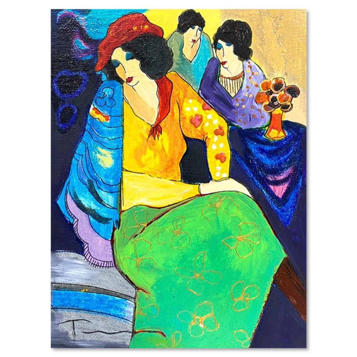 Itzchak Tarkay (1935-2012), "Blue Mood" One-of-a-Kind Mixed Media Over Paint on Wood, Hand Signed with Letter of Authenticity