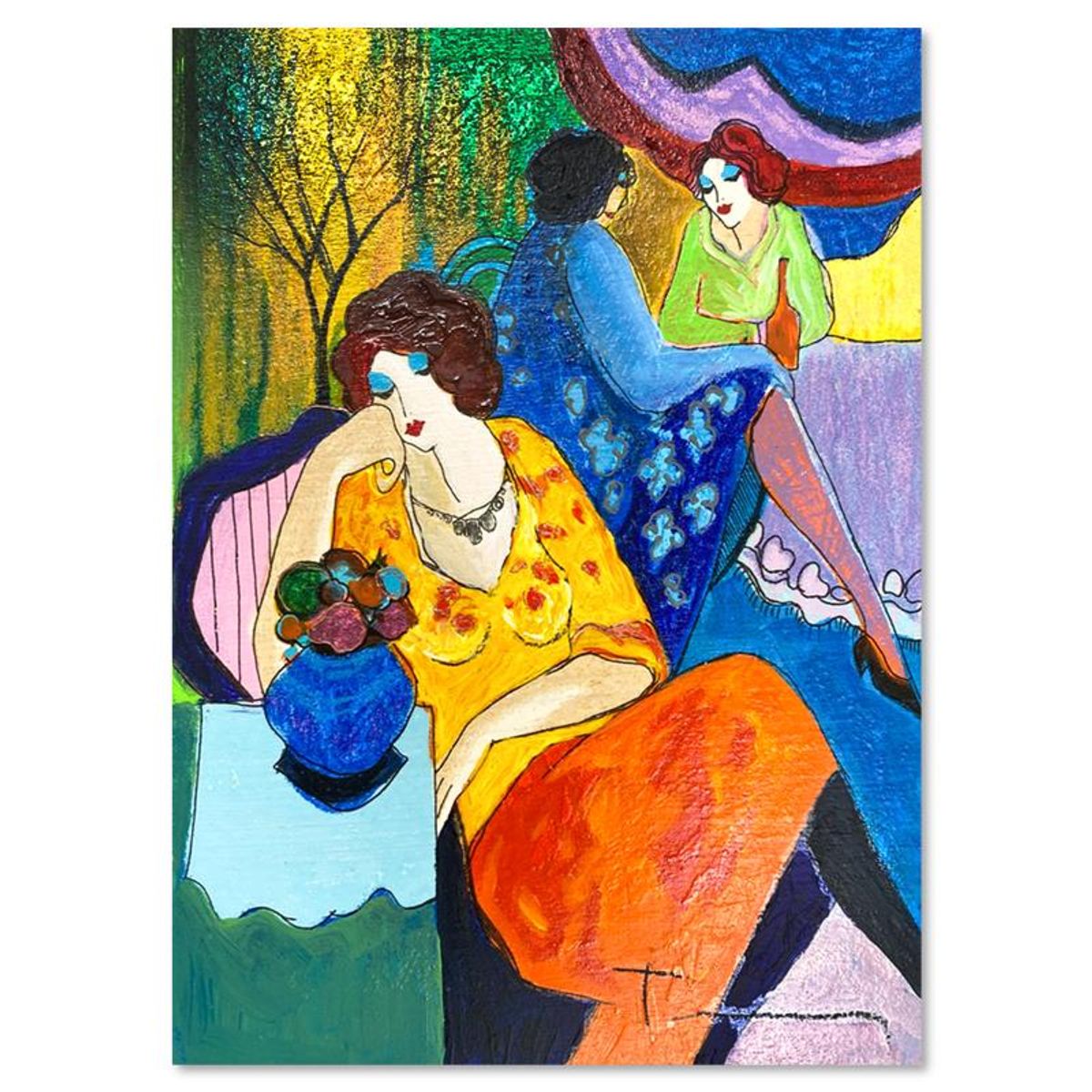 Itzchak Tarkay (1935-2012), "Quiet Afternoon" One-of-a-Kind Mixed Media Over Paint on Wood, Hand Signed with Letter of Authenticity