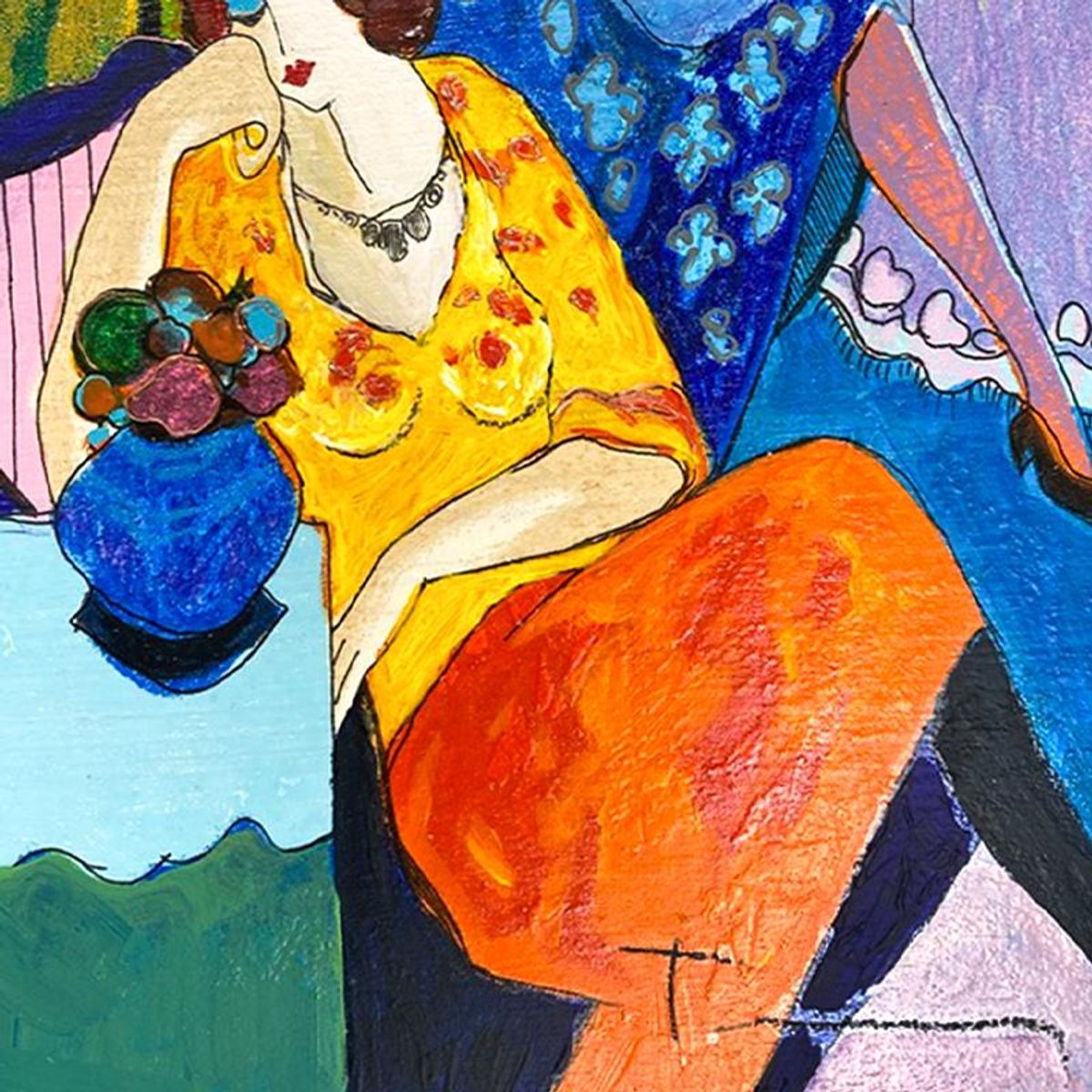 Itzchak Tarkay (1935-2012), "Quiet Afternoon" One-of-a-Kind Mixed Media Over Paint on Wood, Hand Signed with Letter of Authenticity