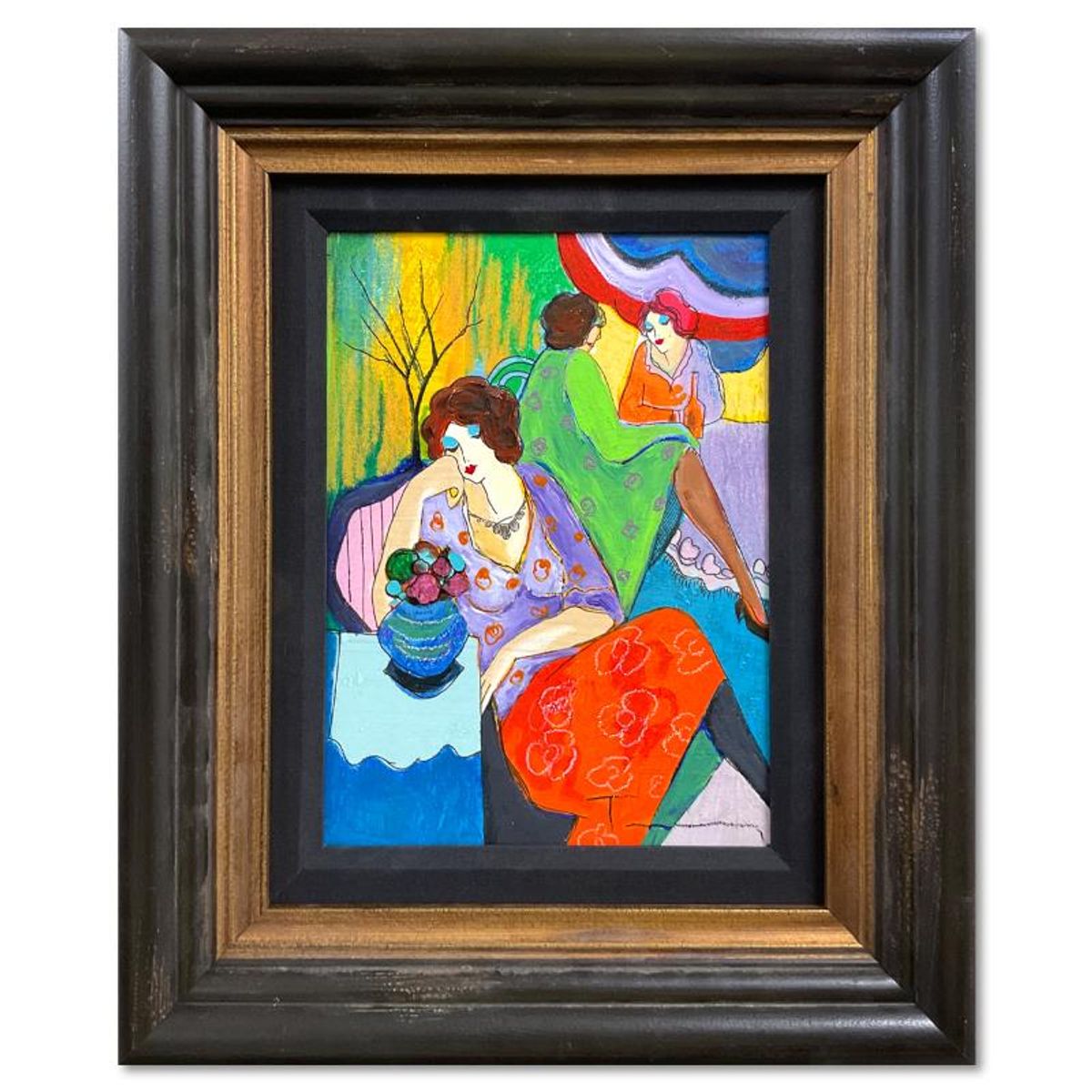 Itzchak Tarkay (1935-2012), "Quiet Afternoon" Framed One-of-a-Kind Mixed Media Over Paint on Wood, Hand Signed with Letter of Authenticity