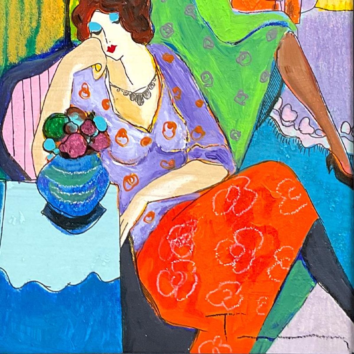 Itzchak Tarkay (1935-2012), "Quiet Afternoon" Framed One-of-a-Kind Mixed Media Over Paint on Wood, Hand Signed with Letter of Authenticity