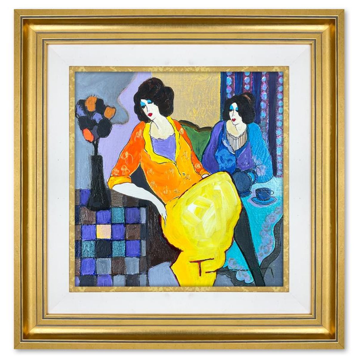 Itzchak Tarkay (1935-2012), "Sisters" Framed One-of-a-Kind Mixed Media Over Paint on Wood, Hand Signed with Letter of Authenticity