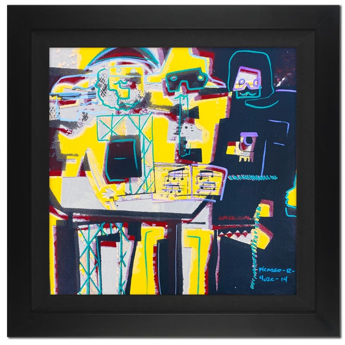 Ringo Daniel Funes, "Picasso Musicians" Framed One-of-a-Kind Mixed Media on Canvas, Hand Signed by the artist and Steve Kaufman (1960-2010) with Letter of Authenticity.