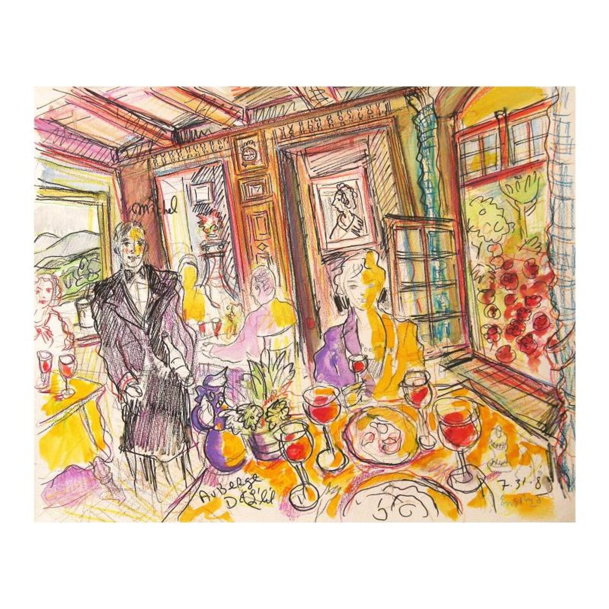 Wayne Ensrud, "Auberge de L'ill, France (3-star French restaurant)" Mixed Media Original Artwork; Hand Signed; COA