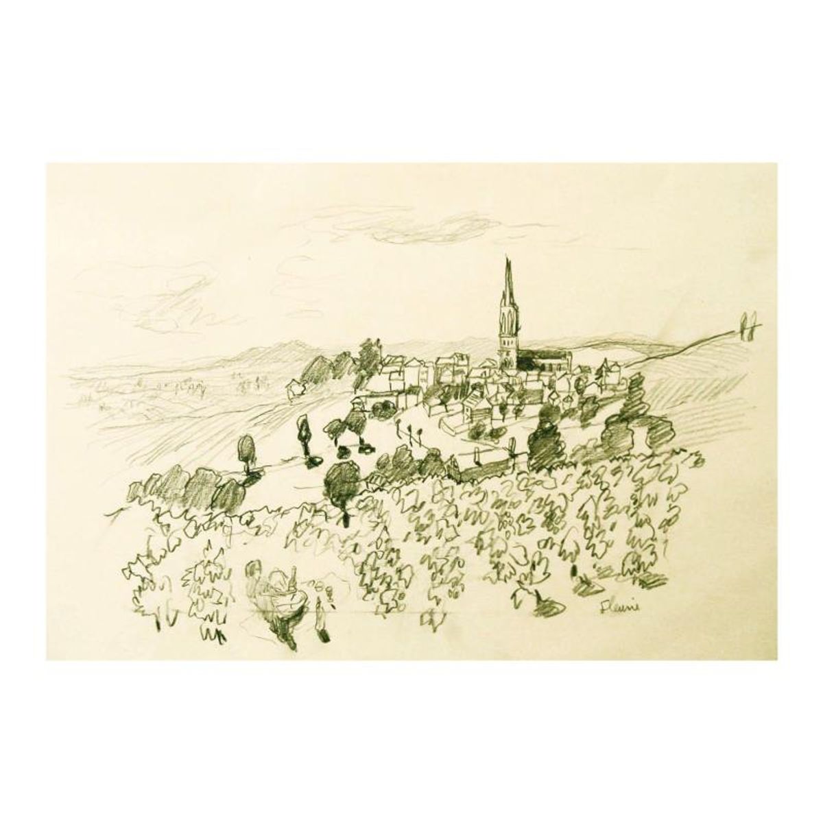 Wayne Ensrud, "Fleurie in Beaujolais, France" Pencil Original Artwork; Hand Signed; COA