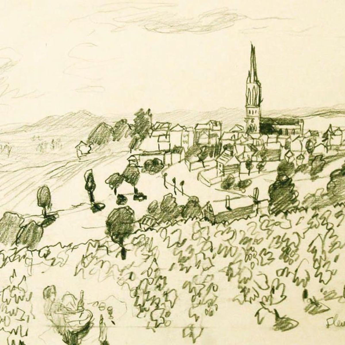 Wayne Ensrud, "Fleurie in Beaujolais, France" Pencil Original Artwork; Hand Signed; COA